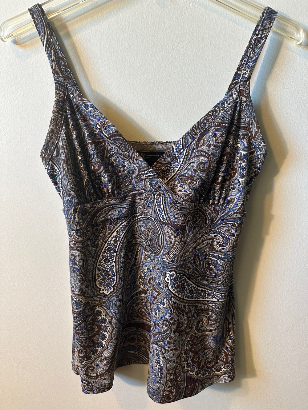 INC International Concepts Paisley Blue and Brown Sequin V-neck Camisole Tank